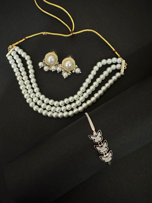 Butterfly Gleam Bracelet + Classic Pearl Elegance Set - 3 Chokas Combo