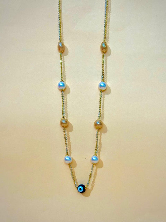 Golden Chain Evil Eye & Pearl Necklace