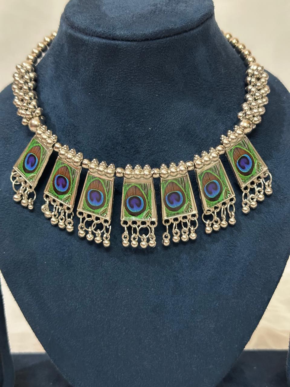 Oxidized Peacock Feather Necklace Set