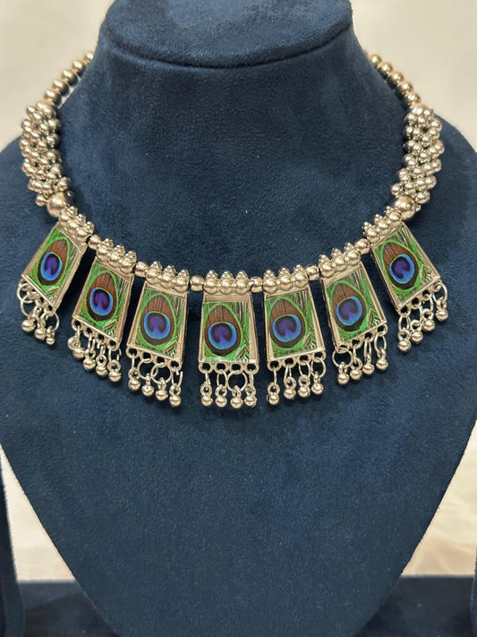 Oxidized Peacock Feather Necklace Set
