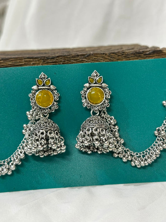 Oxidized Stone Jhumka with Ear Chains - 2 Color Options - Black & Yellow