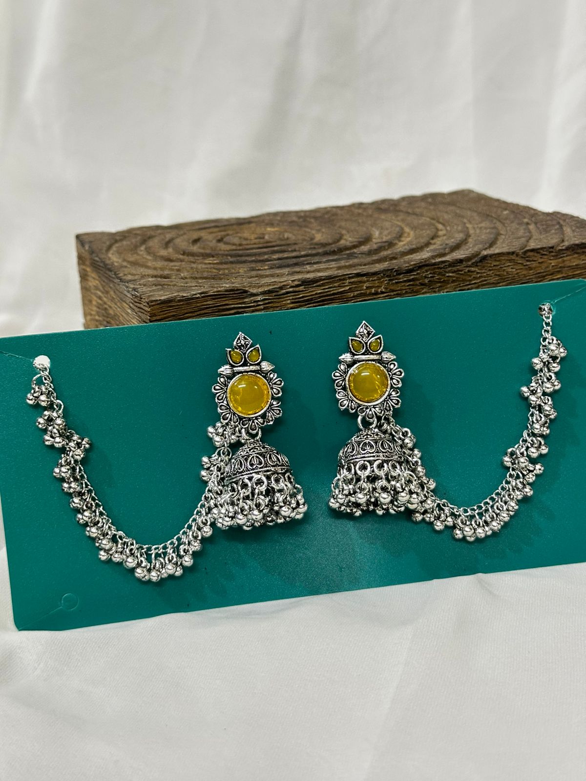 Oxidized Stone Jhumka with Ear Chains - 2 Color Options - Black & Yellow