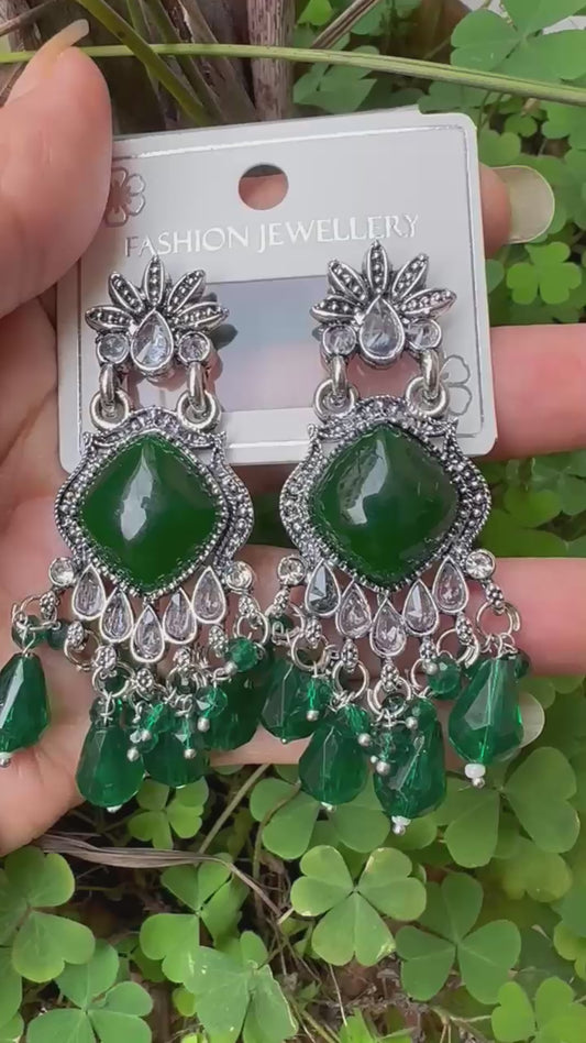 Oxidized Silver & Green Stone Jhumka Earrings