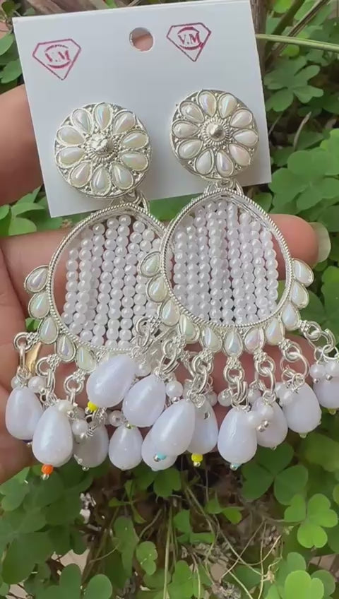 White Beaded Oxidized Silver Jhumka Earrings