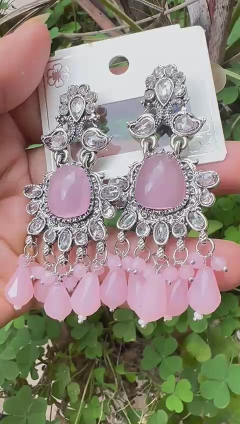 Oxidized Silver & Baby Pink Stone Earrings