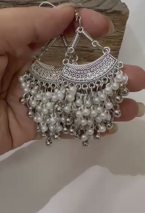 Oxidized Silver Jhumka Earrings with White Pearls