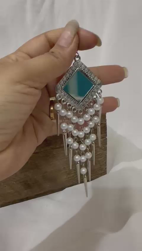 Oxidized Silver Mirror & Pearl Drop Earrings